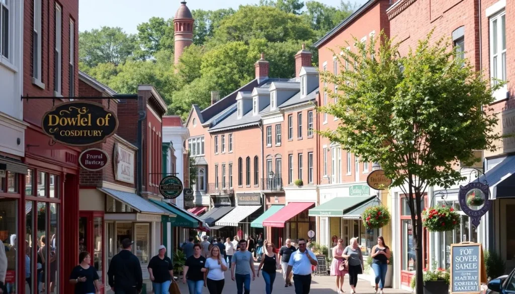A bustling, charming street in the heart of Doylestown, Pennsylvania, lined with quaint shops, boutiques, and cafes. In the foreground, pedestrians stroll past colorful storefronts, their facades adorned with inviting window displays. The middle ground features a mix of local businesses, from artisanal bakeries to specialty clothing stores, all bathed in warm, natural light. In the background, historic buildings and lush trees create a picturesque, small-town ambiance. The scene captures the vibrant energy and unique character of Doylestown's downtown shopping district, perfect for showcasing the best of this delightful Pennsylvania town.