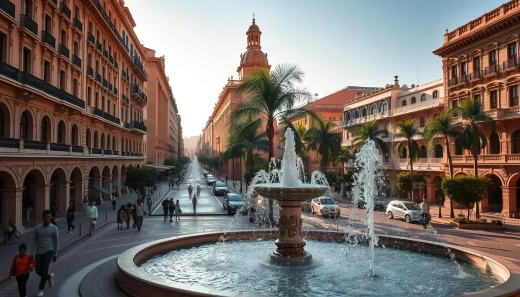 A bustling city center in Lubango, Angola, with grand colonial-era architecture lining the streets. Towering buildings with intricate facades and ornate balconies create a harmonious skyline, bathed in warm, golden sunlight. Pedestrians stroll along the sidewalks, taking in the vibrant energy of the day. In the foreground, a central plaza features a magnificent fountain, its cascading waters sparkling. Lush palm trees sway gently, adding a touch of tropical elegance. The scene conveys a sense of timeless charm and sophistication, inviting the viewer to explore the rich history and culture of Lubango's city center.