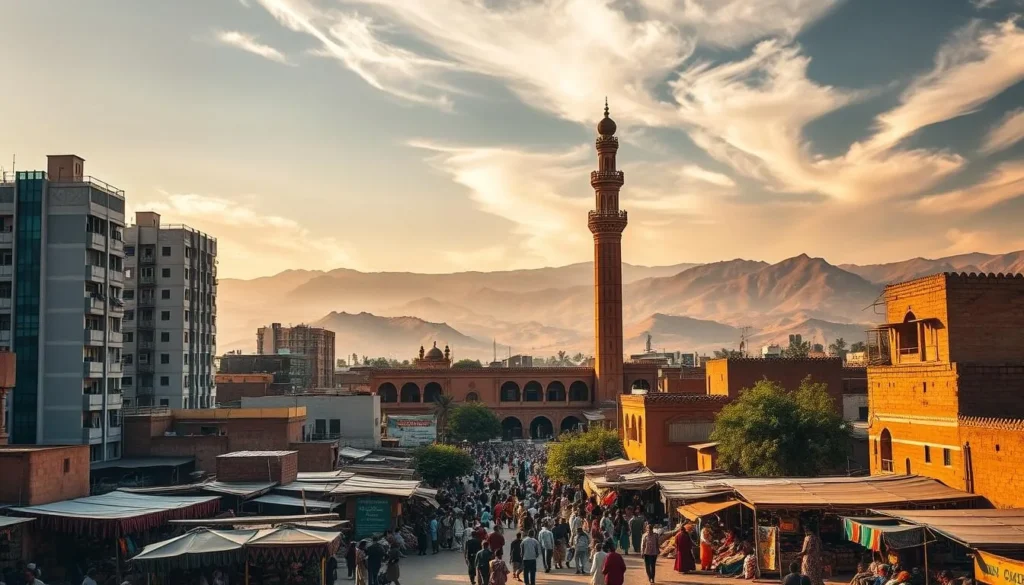A bustling city center in Nyala, Sudan, with modern high-rise buildings and traditional mud-brick structures. A lively marketplace fills the foreground, vendors selling vibrant textiles, spices, and handicrafts. The middle ground features a towering, ornate mosque with a minaret rising above the cityscape. In the background, rolling hills and mountains create a dramatic natural backdrop, illuminated by warm, golden sunlight filtering through wispy clouds. The scene conveys the cultural richness and architectural diversity of Nyala, the capital of South Darfur.