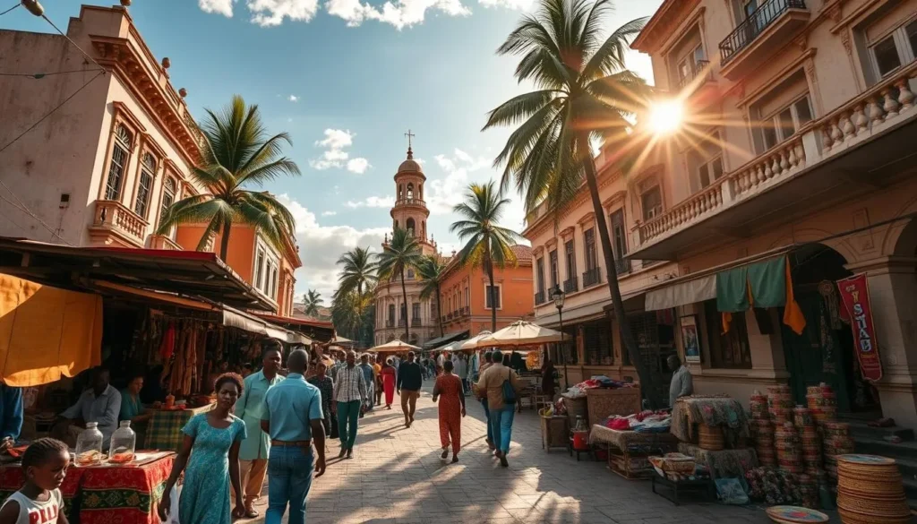 A bustling city nestled along the banks of the Kasai River, Tshikapa captivates with its vibrant markets, colonial architecture, and resilient spirit. Capture the essence of this hidden gem in the Democratic Republic of the Congo, where sunlight dances on the streets, casting warm hues across the bustling crowds. Showcase the city's diverse blend of cultures, with vendors hawking their wares amidst the elegant facades of bygone eras. Utilize a wide-angle lens to frame the scene, revealing the intricacies of daily life in Tshikapa, from the colorful textiles and crafts to the towering palm trees that sway gently in the breeze. Convey a sense of discovery and adventure, inviting the viewer to explore this captivating corner of Central Africa.
