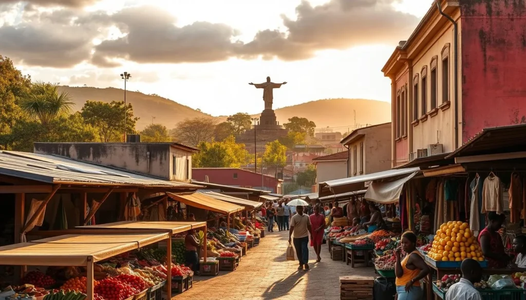 A bustling city nestled amidst lush hills, Lubango comes alive in the warm, golden light of the dry season. Capture the vibrant market stalls overflowing with local produce, their vibrant colors and textures contrasting against the weathered facades of colonial-era buildings. In the distance, the iconic Christ the King statue gazes out over the city, its outstretched arms welcoming visitors to explore the winding streets and discover hidden gems. The air is crisp and invigorating, perfect for leisurely strolls through Lubango's verdant parks and gardens, where locals gather to socialize and enjoy the temperate climate. This is the best time to immerse oneself in the rich cultural tapestry of this remarkable Angolan city.
