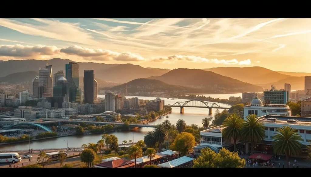 A bustling city skyline nestled along the winding Brisbane River, with iconic landmarks like the Story Bridge and the Brisbane City Hall standing tall in the foreground. In the middle ground, vibrant street markets and lively outdoor cafes brimming with locals and visitors, capturing the unique cultural energy of the city. In the background, the lush, rolling hills of Mount Coot-tha provide a scenic backdrop, bathed in warm, golden sunlight filtering through wispy clouds. The scene exudes a sense of laid-back sophistication, inviting the viewer to immerse themselves in the vibrant, one-of-a-kind experiences that define the essence of Brisbane.