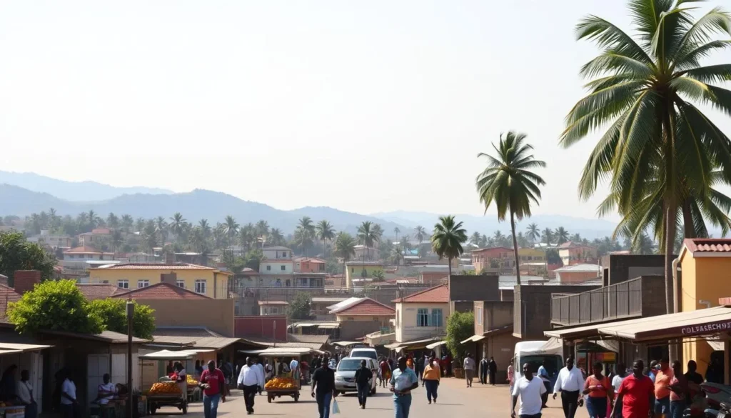 A bustling city skyline of Bouaké, Ivory Coast, nestled along the banks of the Bandama River. In the foreground, a lively street scene with locals going about their daily activities - vendors selling tropical fruits and crafts, residents strolling along the sidewalks. The middle ground features a mix of low-rise buildings with distinct African architectural styles, their vibrant facades reflecting the warm, golden sunlight. In the background, the silhouettes of towering palm trees sway gently, with the distant hills fading into a hazy blue horizon. The overall atmosphere is one of energy, charm, and a sense of place deeply rooted in the local culture.