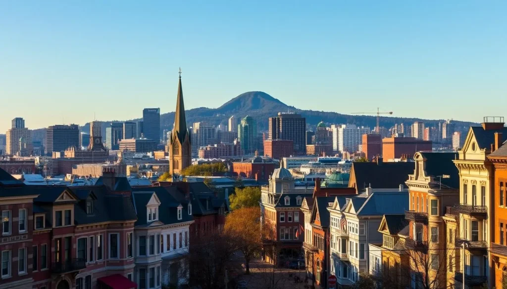A bustling city skyline with iconic buildings and landmarks, framed by the vibrant neighborhoods of Montreal. In the foreground, charming row houses and corner cafes line the streets, their facades bathed in warm afternoon sunlight. In the middle ground, towering church steeples and modern high-rises intermingle, casting interesting shadows across the urban landscape. In the distance, the majestic Mount Royal looms, its forested slopes providing a natural backdrop to the diverse architecture and lively street scenes below. Capture the unique character and energy of Montreal's distinct neighborhoods, showcasing the city's rich history, cultural diversity, and vibrant contemporary vibe.