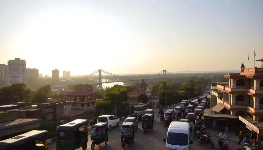 A bustling city skyline with modern high-rises and the iconic Khulna Bridge spanning the Rupsha River, bathed in warm, golden sunlight. In the foreground, a busy street scene with rickshaws, tuk-tuks, and pedestrians going about their daily lives. In the middle ground, a mix of traditional and contemporary architecture, including the Shayestabad Palace and the Khulna City Corporation building. The background features the lush, verdant landscape of the Sundarbans mangrove forest, hinting at the natural wonders just beyond the city limits. Crisp, sharp focus throughout, with a shallow depth of field to emphasize the dynamic urban atmosphere.
