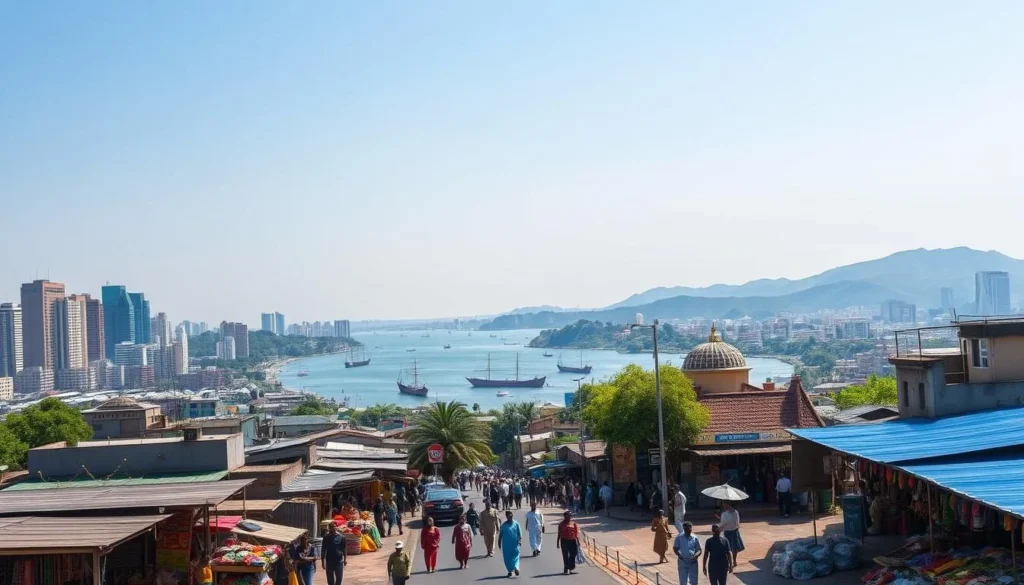 A bustling city skyline with towering skyscrapers and vibrant markets, framed by a clear azure sky. In the foreground, a lively street scene with local vendors selling colorful fabrics, spices, and handcrafted wares. Pedestrians stroll along the sidewalks, capturing the energy and dynamism of Warri, Nigeria's hidden gem. The middle ground features a majestic river, its waters shimmering in the afternoon sunlight, with traditional boats and dhows drifting peacefully. In the distance, rolling hills and lush green landscapes add depth and a sense of tranquility to the urban landscape. The lighting is warm and inviting, evoking a feeling of exploration and discovery.