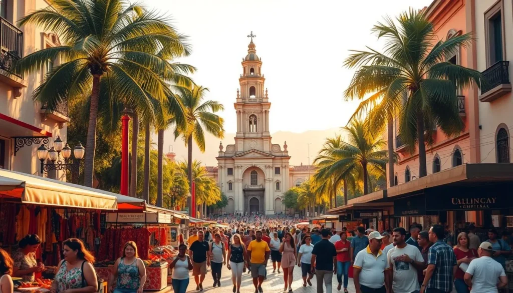 A bustling city square in Culiacan, Mexico, bathed in warm, golden sunlight. In the foreground, locals and tourists mingle, browsing vibrant market stalls offering local crafts, textiles, and fresh produce. A grand cathedral towers in the middle ground, its ornate architecture and bell tower dominating the skyline. In the background, palm trees sway gently, and the distant mountains provide a picturesque backdrop. The scene exudes a lively, welcoming atmosphere, capturing the essence of Culiacan's rich cultural heritage and its appeal as a travel destination.