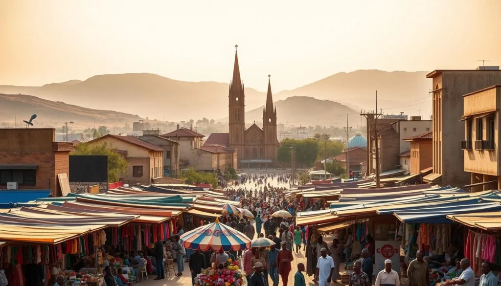 A bustling city square in Jos, Nigeria, bathed in warm, golden sunlight. In the foreground, a colorful array of local market stalls and vendors, offering a tantalizing array of crafts, textiles, and fresh produce. In the middle ground, towering colonial-era buildings stand as silent witnesses to the city's rich history. In the background, the rolling hills of the Jos Plateau provide a dramatic natural backdrop, hinting at the additional natural attractions that await beyond the city limits. The scene exudes a lively, vibrant atmosphere, capturing the essence of Jos as a hub of cultural and commercial activity.