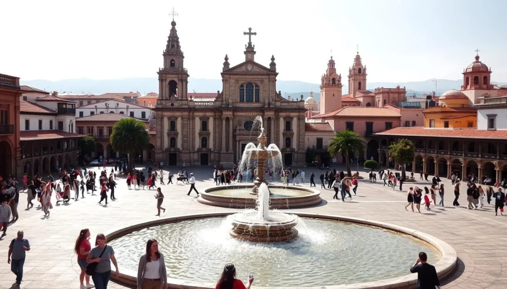 A bustling city square in Morelia, Mexico, bathed in warm sunlight. In the foreground, the grand facade of the Catedral de Morelia, its ornate spires and intricate stonework gleaming. People stroll through the plaza, admiring the colonial architecture that surrounds them. In the middle ground, a fountain gently bubbles, with locals and tourists alike pausing to take in the serene scene. The background is filled with the iconic red-tiled roofs and bell towers of Morelia's historic center, a UNESCO World Heritage site. The overall atmosphere is one of cultural vibrancy and timeless elegance.