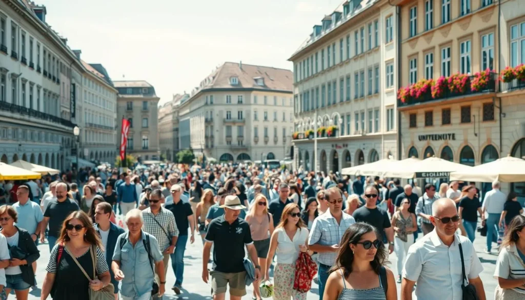 A bustling city square in Zurich on a sunny afternoon, with people strolling, conversing, and taking in the sights. The scene captures the vibrant energy of the city, with a mix of locals and tourists moving through the frame. The camera is positioned slightly elevated, providing a wide, panoramic view that showcases the architectural beauty of the surrounding buildings and the lively flow of the crowd. The lighting is soft and natural, creating a warm, inviting atmosphere. Attention to detail is emphasized, highlighting the diverse clothing, facial expressions, and interactions of the individuals within the crowd.