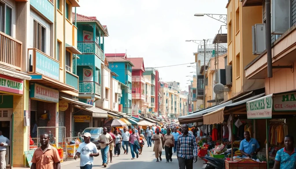 A bustling city street in Aba, Nigeria, with colorful local shops, vibrant market stalls, and friendly pedestrians going about their daily lives. Capture the energy and vibrant culture of the city, showcasing the unique architecture, lively atmosphere, and diverse array of activities and sights to explore. Utilize warm, natural lighting and a mid-level perspective to create a welcoming, immersive scene that invites the viewer to imagine themselves strolling through the heart of Aba and experiencing the best the city has to offer.