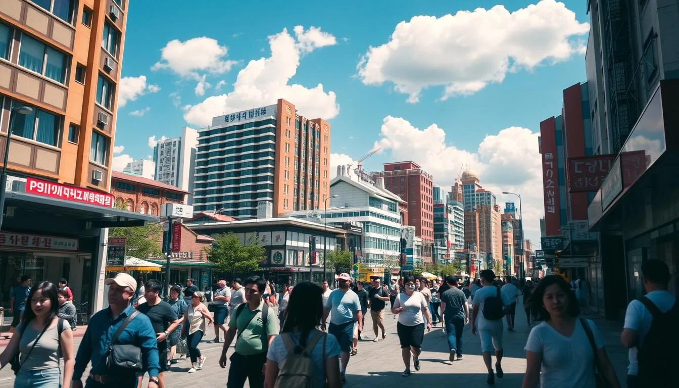 A bustling city street in Ansan, South Korea on a sunny day. In the foreground, people stroll along the sidewalks, taking in the sights and sounds of the vibrant urban landscape. In the middle ground, modern high-rise buildings and local shops line the streets, their colorful facades and intricate architectural details catching the eye. The background is dominated by a clear blue sky, with fluffy white clouds overhead. Warm, natural lighting bathes the scene, creating a sense of energy and liveliness. The atmosphere is one of excitement and exploration, inviting the viewer to immerse themselves in the dynamic city experience.