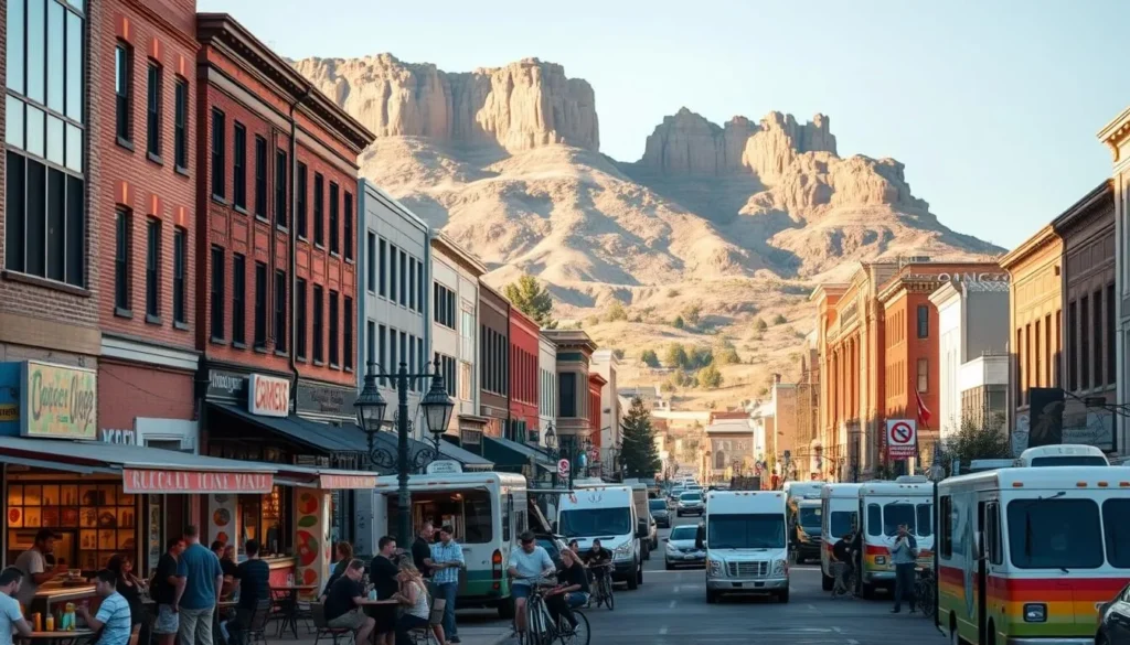 A bustling city street in Billings, Montana, bathed in warm, golden afternoon light. In the foreground, a diverse array of local food trucks and carts, their enticing aromas wafting through the air. Patrons gather around small tables, savoring handcrafted burgers, artisanal pizzas, and regional specialties. In the middle ground, a mix of historic brick buildings and modern storefronts, their facades adorned with vibrant murals and inviting signage. The background features the majestic Rimrocks, the iconic sandstone cliffs that overlook the city, creating a picturesque backdrop. The scene exudes a lively, community-driven atmosphere, capturing the essence of Billings' thriving food scene.