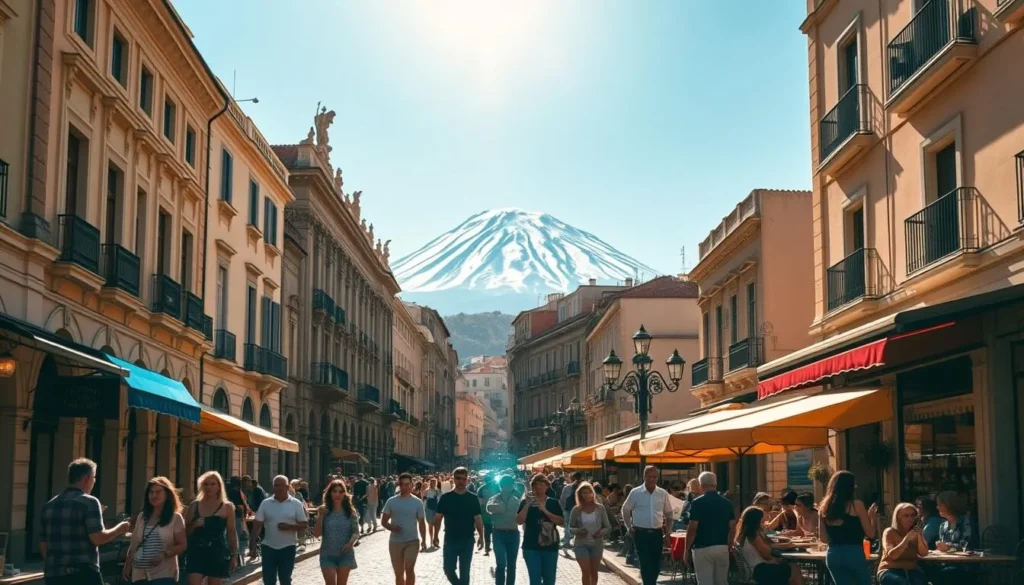 A bustling city street in Catania, Sicily, under a bright Mediterranean sun. In the foreground, locals and tourists stroll along the weathered cobblestones, stopping to admire the ornate Baroque architecture that lines the sidewalks. Towering Mount Etna looms in the distance, its snow-capped peak casting a serene backdrop. Colorful awnings shade quaint cafes and boutiques, their patrons sipping espresso and enjoying the lively atmosphere. Warm, golden lighting filters through the scene, creating a welcoming, vibrant ambiance that captures the essence of a Catania city trip.