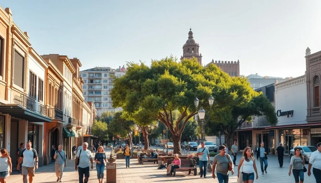 A bustling city street in Chihuahua, Mexico, bathed in warm afternoon sunlight. In the foreground, pedestrians stroll along the sidewalks, passing by well-maintained storefronts and cafes. The middle ground features a tree-lined plaza, with people relaxing on benches and children playing. In the background, the historic architecture of Chihuahua's city center rises up, exuding a sense of safety and security. The scene conveys an atmosphere of vibrant local life, where tourists can feel comfortable exploring the city's attractions and engaging with the friendly community.