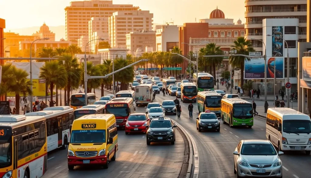 A bustling city street in Ciudad Juarez, Mexico, showcasing the diverse transportation options available. In the foreground, a vibrant mix of local buses, taxis, and private vehicles navigating the well-paved roads. In the middle ground, pedestrians strolling along the sidewalks, weaving between the flowing traffic. The background features the city's iconic architecture, with a blend of modern and traditional buildings bathed in warm, golden sunlight. The scene conveys a sense of energy and movement, reflecting the dynamic and accessible nature of getting around this vibrant Mexican city.