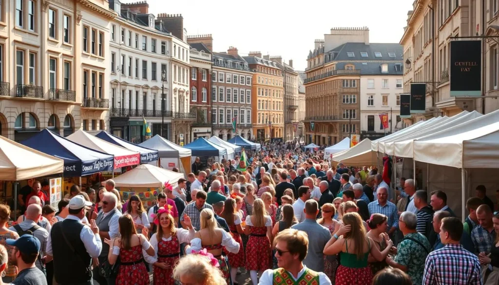 A bustling city street in Dublin, Ireland, during a lively festival. The foreground features a crowd of revelers in colorful traditional costumes, dancing and celebrating. In the middle ground, stalls and tents line the streets, offering an array of local crafts, foods, and music performances. The background showcases the iconic Georgian architecture of Dublin, bathed in warm, golden sunlight. The atmosphere is vibrant, festive, and infused with a sense of community and cultural heritage. Capture this scene with a wide-angle lens, emphasizing the energy and energy of the event.