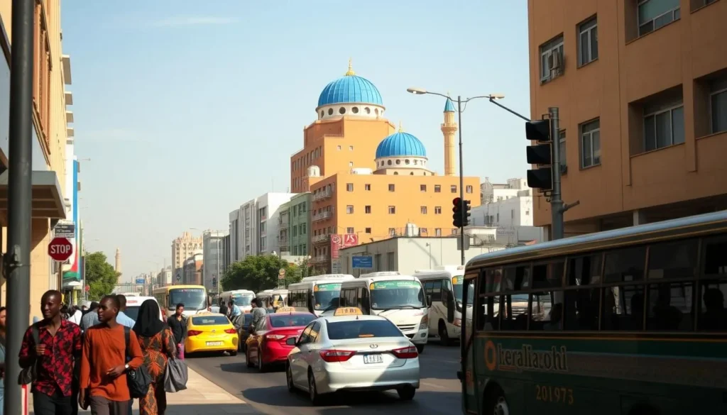 A bustling city street in Hargeysa, Somalia, bathed in warm afternoon sunlight. In the foreground, pedestrians navigate the sidewalk, carrying bags and chatting animatedly. Mid-frame, a line of taxis and buses wait at a stoplight, their vibrant colors and patterns reflecting the local culture. In the background, a mix of modern and traditional architecture rises, including the iconic blue-domed mosque. The scene exudes a sense of lively activity and the energy of a thriving urban center, inviting the viewer to imagine the practical travel requirements for visiting this intriguing destination.