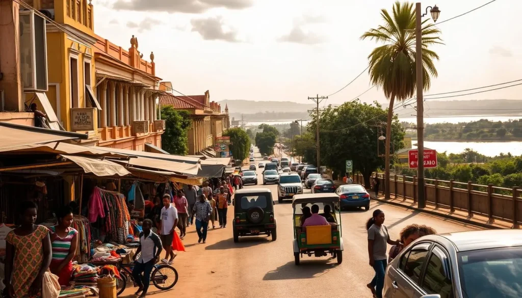 A bustling city street in Kisangani, Democratic Republic of the Congo, under a warm, golden afternoon sun. In the foreground, local vendors sell colorful handmade crafts and textiles. Pedestrians navigate the lively sidewalks, passing by charming colonial-era buildings. In the middle ground, a tuk-tuk navigates the moderate traffic, while in the distance, the mighty Congo River flows serenely. The scene exudes an atmosphere of vibrant cultural energy and a sense of everyday life in this historic African city.