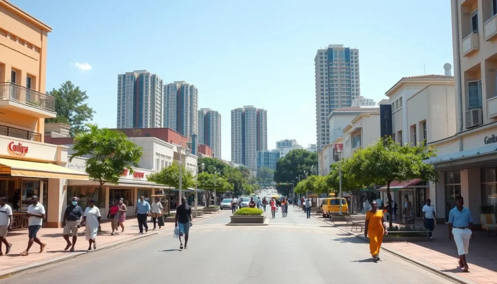 A bustling city street in Libreville, Gabon, on a bright sunny day. In the foreground, locals and tourists navigate the lively sidewalks, passing by quaint shops and cafes. The middle ground features well-maintained public spaces, with benches and trees providing a sense of order and safety. In the background, modern high-rise buildings stand tall, creating a harmonious skyline. The scene conveys a feeling of security, with a balanced blend of activity and tranquility, showcasing Libreville as a welcoming and vibrant urban destination.