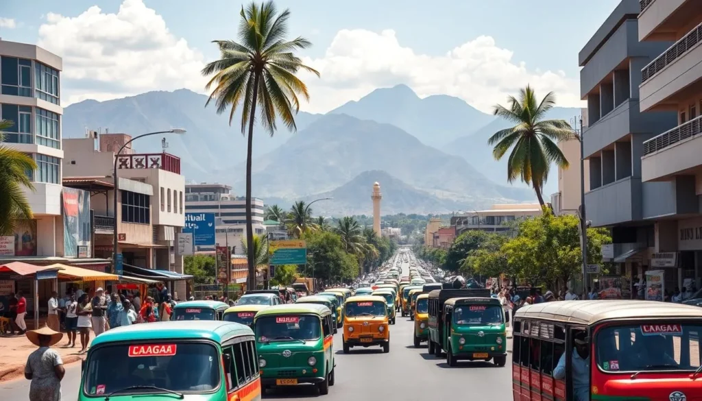 A bustling city street in Nampula, Mozambique, captured on a bright and sunny day. In the foreground, a colorful array of local minibuses, known as 'chapas', ferrying passengers through the lively urban landscape. Pedestrians and vendors populate the sidewalks, creating a vibrant, energetic scene. The middle ground features a mix of modern and traditional architecture, with palm trees swaying gently in the warm breeze. In the background, towering mountains rise up, providing a stunning natural backdrop to the urban setting. The image is framed with a wide-angle lens, conveying a sense of the city's dynamic energy and the ease of getting around Nampula via its efficient public transportation system.