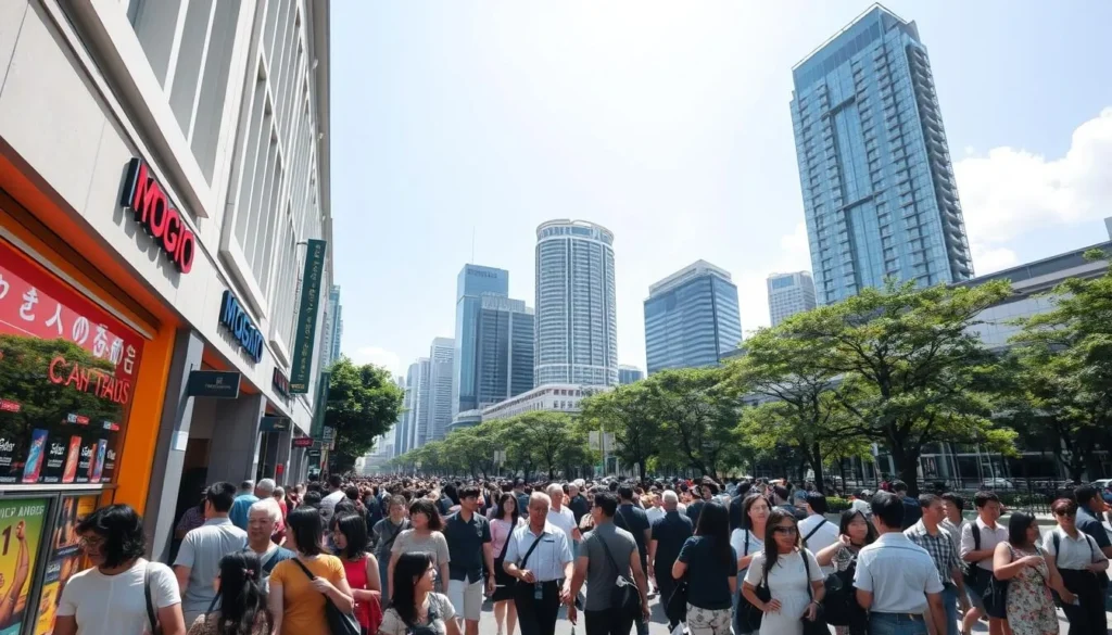 A bustling city street in Singapore, captured under a bright, cloudless sky. In the foreground, a long queue of people snakes along the sidewalk, their faces a mix of patience and curiosity. The queue leads to a vibrant storefront, its windows adorned with eye-catching displays. The middle ground features a diverse array of pedestrians, each with their own purpose, weaving through the crowd. In the background, towering skyscrapers and modern architecture create a sleek, urban landscape, complemented by the verdant greenery of nearby trees. The scene conveys a sense of organized chaos, with the queuing phenomenon as the central focus, showcasing the unique cultural aspects of everyday life in Singapore.