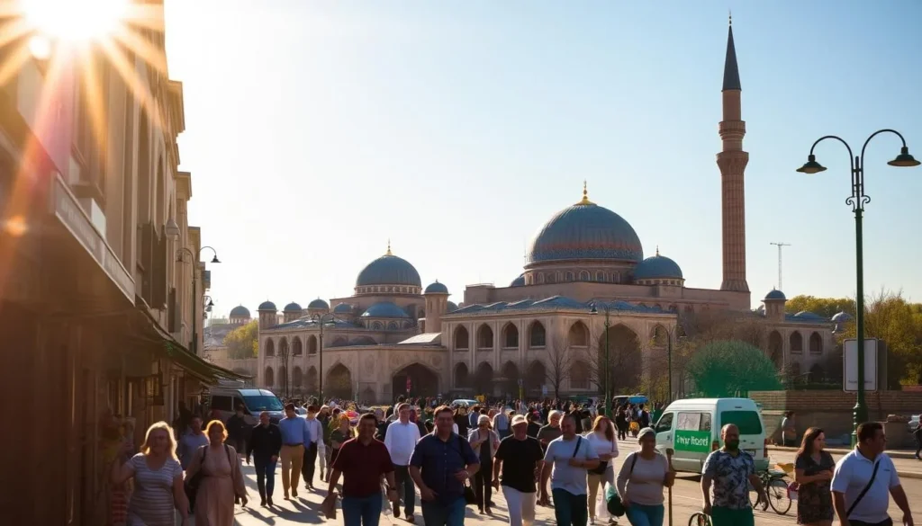 A bustling city street in Tashkent, Uzbekistan, bathed in warm, golden sunlight. In the foreground, locals and tourists stroll along the sidewalk, pausing to admire the vibrant local shops and street vendors. In the middle ground, traditional architecture and domes rise up, creating a picturesque skyline. The background features iconic landmarks like the Khast Imom Complex, its intricate mosaics and towering minarets standing tall against a clear, azure sky. The scene exudes a sense of lively activity and cultural richness, capturing the essence of Tashkent as a travel destination.