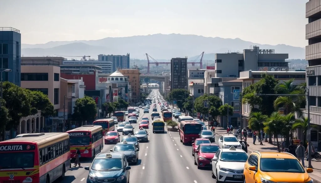 A bustling city street in Tuxtla Gutiérrez, Mexico, on a sunny afternoon. In the foreground, a variety of local transportation options including colorful microbuses, taxis, and pedestrians navigating the lively scene. In the middle ground, modern buildings and infrastructure blend with traditional architecture, creating a vibrant urban landscape. The background features the impressive silhouette of the surrounding mountains, casting a warm glow over the entire cityscape. The image captures the energy and diversity of Tuxtla Gutiérrez's transportation network, inviting the viewer to explore this vibrant Mexican city.