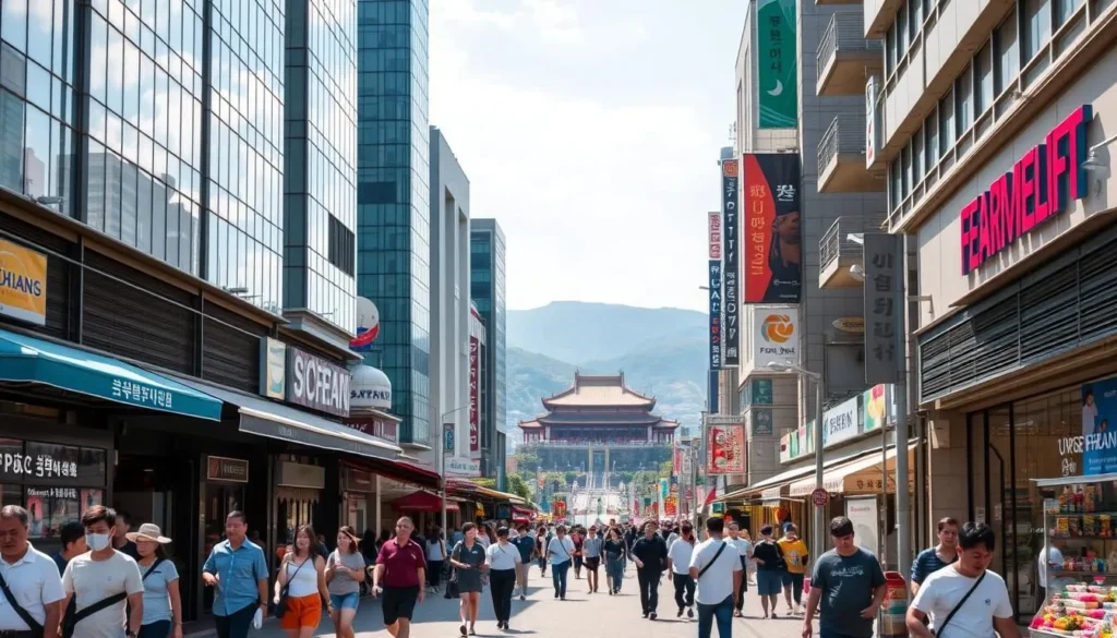 A bustling city street in Ulsan, South Korea, on a sunny day. In the foreground, locals and tourists stroll along the sidewalk, taking in the vibrant sights and sounds. Towering modern buildings line the street, their glass facades gleaming in the warm sunlight. Shops, restaurants, and street vendors add to the lively atmosphere, with colorful awnings and inviting displays. In the middle ground, a prominent landmark, such as a historic temple or a modern architectural masterpiece, stands as a testament to the city's rich cultural heritage. The background features the rolling hills and scenic waterways that make Ulsan a picturesque destination. The overall mood is one of energy, exploration, and the promise of an engaging travel experience.