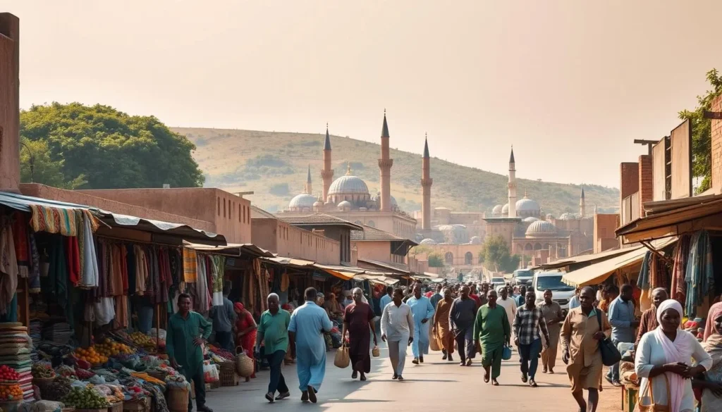 A bustling city street in Zaria, Nigeria, on a sunny afternoon. In the foreground, colorful market stalls line the sidewalk, filled with vibrant textiles, fresh produce, and local handicrafts. People of all ages move through the lively scene, carrying baskets and bags. In the middle ground, traditional mud-brick buildings and towering minarets of mosques create a distinctive skyline. The warm, golden light filters through the hazy atmosphere, casting a soft glow over the whole composition. In the background, a lush, green hillside rises, framing the cityscape. The overall mood is one of energy, culture, and a sense of timelessness in this historic Nigerian city.