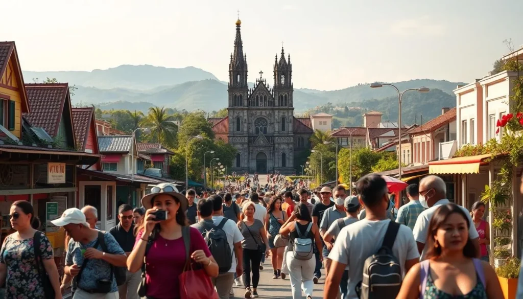 A bustling city tour in Dalat, Vietnam, on a sunny day. In the foreground, a group of tourists explore the charming, colorful streets, capturing moments with their cameras. The middle ground features a towering cathedral with its intricate architecture, surrounded by lush greenery. In the background, the rolling hills of Dalat's picturesque landscape rise up, creating a serene and tranquil atmosphere. The scene is illuminated by warm, natural lighting, casting a golden glow over the entire tableau. A wide-angle lens captures the essence of this vibrant, picturesque city tour, inviting the viewer to immerse themselves in the beauty and energy of Dalat.