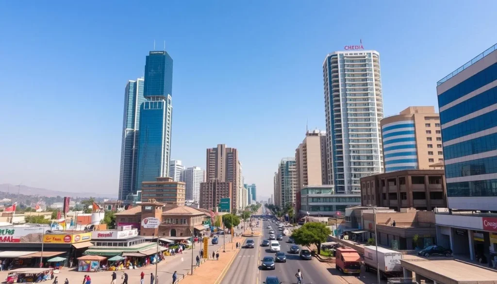 A bustling cityscape in N'Djamena, the vibrant capital of Chad. Towering skyscrapers and modern high-rises rise up against a clear blue sky, their glass facades reflecting the warm sunlight. In the foreground, a lively street scene unfolds, with pedestrians and vehicles navigating the bustling thoroughfare. Colorful markets and shops line the sidewalks, offering a glimpse into the city's rich cultural tapestry. The mid-ground features a mix of traditional and contemporary architecture, blending seamlessly to create a distinctive urban landscape. Distant hills and a hazy horizon complete the scene, evoking a sense of tranquility amidst the urban energy. Capture the essence of N'Djamena - a thriving, diverse city brimming with life and promise.
