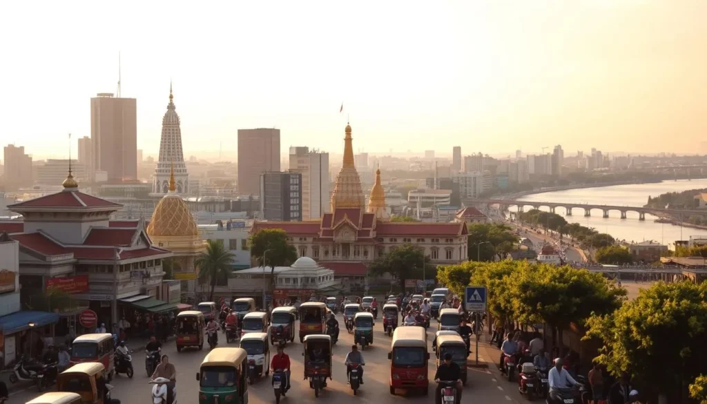 A bustling cityscape in Phnom Penh, Cambodia, under a warm, golden sky. In the foreground, vibrant street life teems with tuk-tuks, motorcycles, and pedestrians navigating the lively streets. Towering skyscrapers and ornate temples rise in the middle ground, their spires and domes reflecting the sunlight. In the background, the majestic Mekong River winds its way through the city, its tranquil waters contrasting with the dynamic urban landscape. Capture the essence of Cambodian culture and the resilient spirit of Phnom Penh, the nation's rapidly evolving capital.
