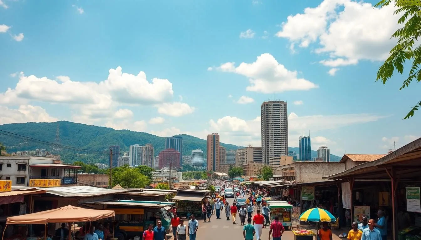A bustling cityscape of Abidjan, Ivory Coast, on a picturesque sunny day. In the foreground, vibrant markets and busy streets teeming with locals and vendors. Towering skyscrapers and high-rise buildings in the middle ground, reflecting the city's modern architecture. In the background, lush green hills and a clear blue sky, creating a harmonious blend of urban and natural elements. Capture the energy and dynamism of this West African metropolis through a wide-angle lens, showcasing the unique blend of traditional and contemporary influences that define the city's character.