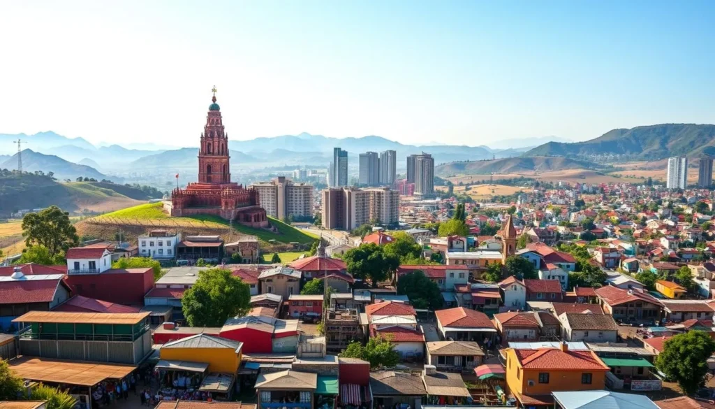 A bustling cityscape of Antananarivo, the capital of Madagascar, nestled in rolling hills under a bright, clear sky. In the foreground, vibrant markets and colorful buildings line the winding streets, with local vendors selling their wares. Towering over the city, the iconic Rova palace complex stands proudly, its ornate architecture and intricate details capturing the essence of the region. In the middle ground, a mix of modern high-rises and traditional houses create a captivating skyline, while the background is framed by lush, verdant hills and mountains, offering a picturesque and breathtaking panoramic view of this unique and culturally rich city.