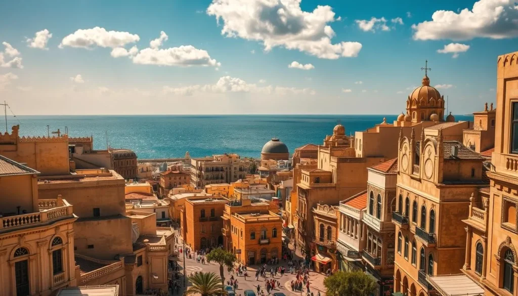 A bustling cityscape of Benghazi, Libya's second-largest city, bathed in warm afternoon sunlight. In the foreground, intricate, centuries-old architecture lines the winding streets, with pedestrians and local vendors adding to the vibrant street scene. The middle ground features a mix of modern and historical buildings, their distinct styles reflecting the city's rich heritage. In the background, the sparkling Mediterranean Sea stretches out, complementing the azure sky dotted with fluffy clouds. The overall mood is one of cultural vibrancy and coastal tranquility, inviting the viewer to discover the charm and character of this captivating Libyan city.