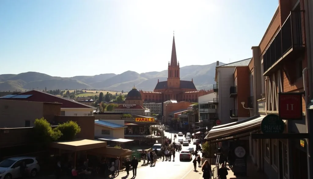 A bustling cityscape of Buffalo City, South Africa, bathed in warm, golden sunlight. In the foreground, a lively street scene with local shops, cafes, and pedestrians strolling along the sidewalks. In the middle ground, the iconic landmarks of the city, such as the towering cathedral and historic buildings, stand tall against a clear, azure sky. In the background, rolling hills and verdant landscapes create a picturesque backdrop, hinting at the natural beauty that surrounds the urban center. The overall scene conveys a sense of vibrant energy, cultural richness, and a welcoming atmosphere, inviting the viewer to explore the top attractions of this vibrant South African destination.