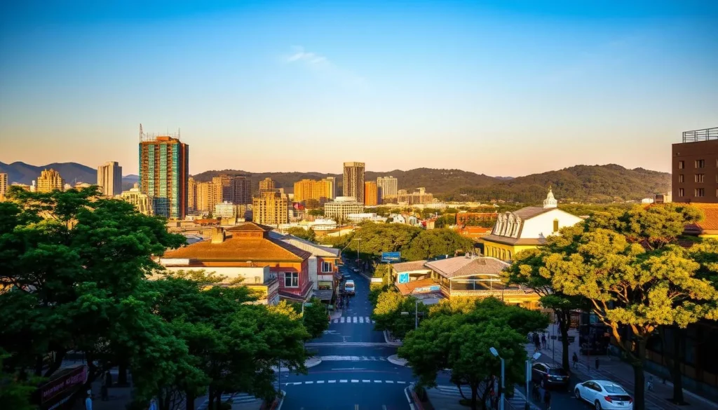 A bustling cityscape of Cheonan, South Korea, bathed in warm, golden sunlight. In the foreground, tree-lined streets and vibrant storefronts invite exploration. The middle ground features a mix of modern high-rises and historic buildings, their architectural details standing out against a clear blue sky. In the distance, rolling hills and lush greenery create a picturesque backdrop, hinting at the natural beauty that surrounds this thriving urban center. The scene exudes a sense of harmony, where the old and new coexist seamlessly, inviting the viewer to discover the charm and character of this hidden gem.