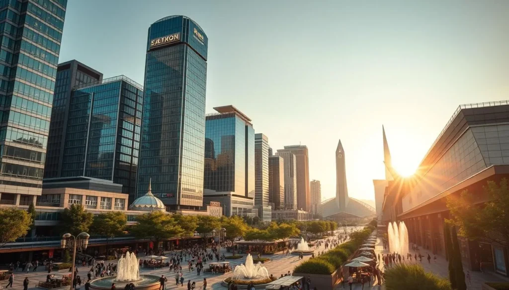 A bustling cityscape of Daejon, South Korea, basking in the warm, golden glow of a clear afternoon sky. Towering glass-and-steel skyscrapers stand tall, their sleek facades reflecting the vibrant energy of this dynamic hub of science and culture. In the foreground, a lively pedestrian plaza teems with people strolling, dining, and exploring the city's rich tapestry of modern architecture and historical landmarks. Lush greenery and sparkling fountains dot the scene, creating a seamless blend of urban sophistication and natural beauty. The city's iconic landmarks, such as the landmark Science and Technology Museum, rise majestically in the distance, hinting at Daejon's reputation as a center of innovation and discovery. An atmospheric, cinematic composition that captures the essence of this thriving, forward-thinking city.