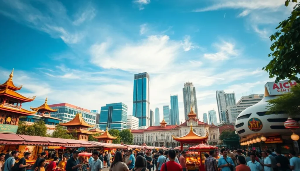 A bustling cityscape of Ho Chi Minh City, Vietnam, comes alive with a vibrant display of modern and cultural events. In the foreground, locals and tourists mingle amidst an array of colorful stalls, music performances, and food vendors, capturing the city's dynamic energy. The middle ground features a blend of traditional and contemporary architecture, with towering skyscrapers and ornate temples standing side by side. In the background, a clear blue sky with wispy clouds sets the stage for a picturesque scene, illuminated by warm, natural lighting and a subtle, tilt-shift lens effect for a dreamlike quality. The overall atmosphere evokes a harmonious fusion of old and new, where the past and present coexist in a captivating celebration of Ho Chi Minh City's unique cultural heritage.