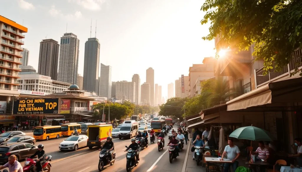 A bustling cityscape of Ho Chi Minh City, Vietnam on a pleasant day. Capture the vibrant energy of the city, with skyscrapers and high-rises in the background bathed in warm, golden sunlight. In the foreground, depict the lively street life, with people going about their daily activities - motorbikes weaving through traffic, vendors setting up their stalls, and locals gathering in shaded outdoor cafes. The overall atmosphere should convey the tropical climate, with a touch of haze in the air and lush greenery peeking out from between the buildings. Use a wide-angle lens to showcase the breadth of the cityscape, and consider a slightly elevated angle to provide a comprehensive view of the scene.