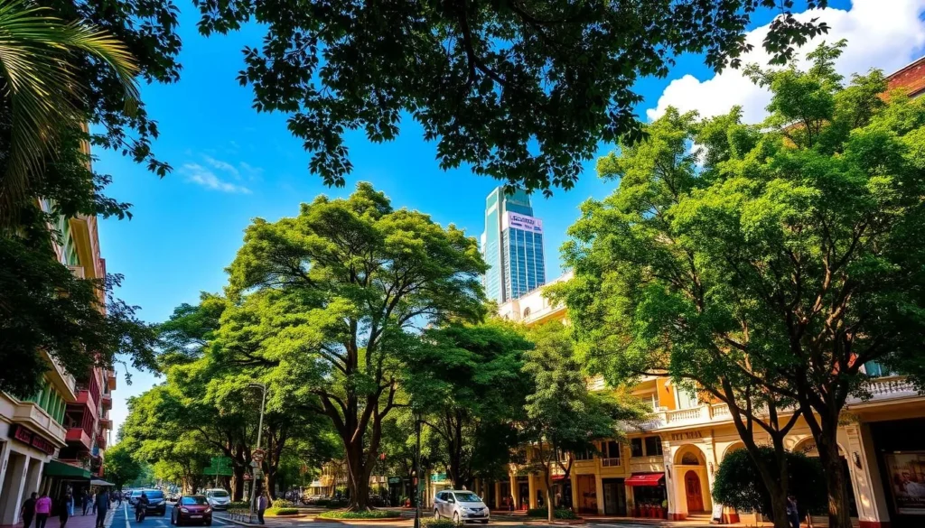 A bustling cityscape of Ho Chi Minh City, Vietnam on a pleasant day. Lush green trees line the streets, casting dappled shadows on the colorful buildings below. Pedestrians stroll along the sidewalks, protected from the warm sun by the overhanging balconies. In the distance, the iconic Bitexco Financial Tower stands tall, reflecting the clear blue sky. Warm lighting bathes the scene, creating a vibrant, inviting atmosphere. A serene, weather-savvy snapshot of this dynamic Southeast Asian metropolis.