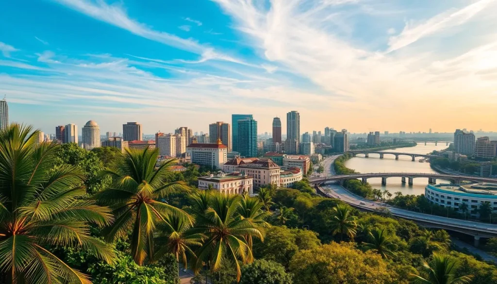 A bustling cityscape of Ho Chi Minh City on a pleasant afternoon, with a vibrant blue sky and wispy clouds overhead. In the foreground, lush tropical foliage and palm trees sway gently in a light breeze. The middle ground features a mix of colonial-style buildings and modern skyscrapers, their facades bathed in warm, golden sunlight. In the background, the iconic Saigon River winds its way through the urban landscape, its waters shimmering under the gentle sunlight. The overall scene conveys a sense of energy, prosperity, and a tropical, weather-friendly atmosphere.