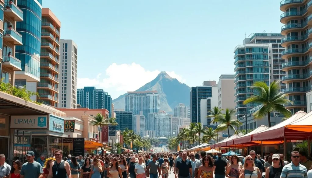 A bustling cityscape of Honolulu, Oahu, on a bright, sunny day. In the foreground, throngs of people stroll along the lively streets, pausing to window-shop at chic boutiques and outdoor markets. The middle ground showcases towering high-rise hotels and condos, their reflective glass facades glinting in the warm tropical light. In the background, the iconic silhouette of Diamond Head volcano rises majestically, framing the vibrant urban scene. The atmosphere is one of energy and excitement, with a touch of island charm, as locals and tourists navigate the crowds and browse the various price points of this popular Hawaiian destination.