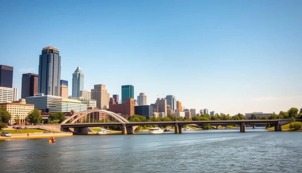 A bustling cityscape of Minneapolis' iconic attractions, captured on a bright, sunny day. In the foreground, the majestic Stone Arch Bridge spans the gentle Mississippi River, its arches reflecting the warm light. In the middle ground, the towering skyscrapers of downtown rise, their glass facades gleaming. In the background, the serene Lake Calhoun shimmers, surrounded by lush, verdant parks. The scene exudes a vibrant, energetic atmosphere, inviting visitors to explore the wealth of activities and sights the city has to offer, making it an ideal day trip destination from nearby Saint Paul.