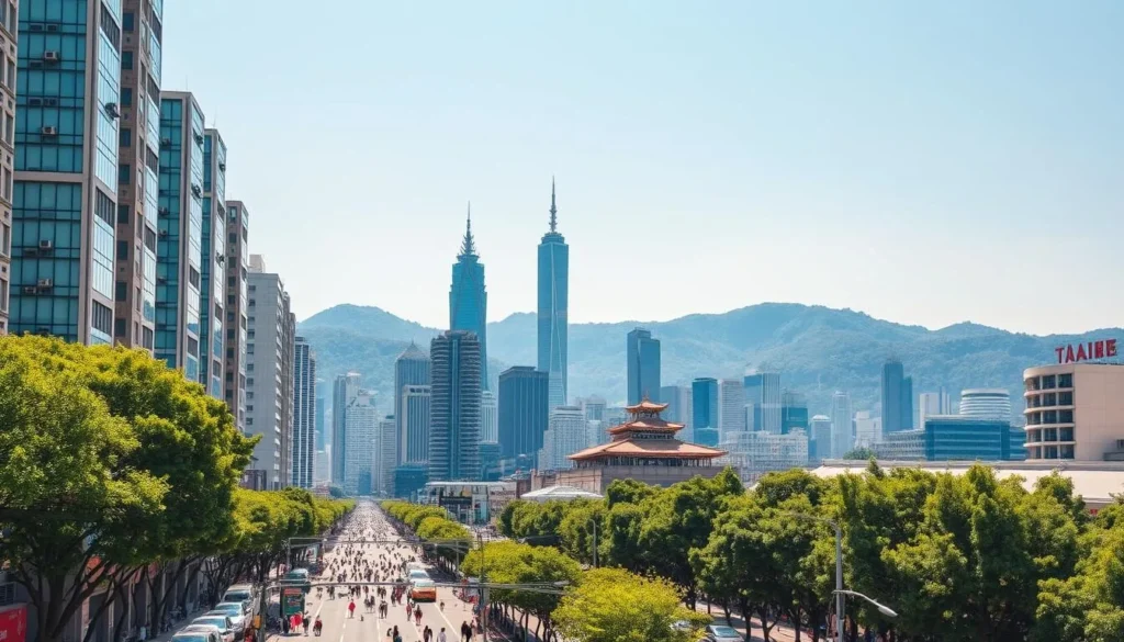A bustling cityscape of New Taipei City (Xinbei), Taiwan, captured on a bright, sunny day. Towering high-rise buildings stretch towards the sky, their glass facades glimmering in the warm sunlight. In the foreground, tree-lined streets and bustling pedestrians create a lively urban scene, while in the background, the verdant hills of the Yangmingshan National Park provide a serene natural backdrop. The city's modern infrastructure, including the iconic Taipei 101 tower, is seamlessly integrated with the surrounding natural beauty, creating a harmonious and vibrant atmosphere. Capture the energy and dynamism of this thriving metropolis, showcasing the best of what Xinbei has to offer.