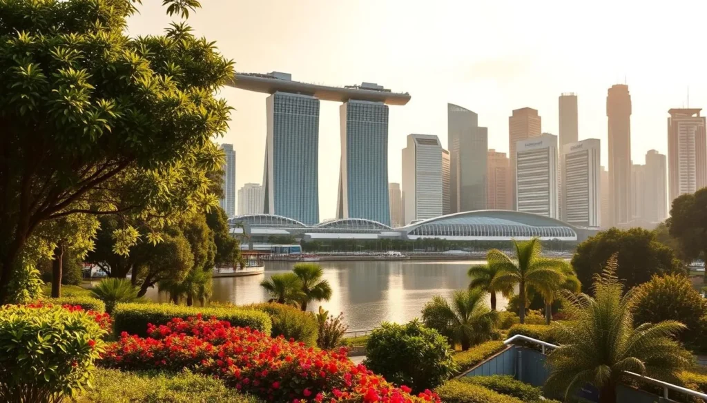A bustling cityscape of Singapore, bathed in golden afternoon light. In the foreground, a tranquil garden oasis with lush greenery and vibrant flowers. The iconic Marina Bay Sands complex stands tall in the middle ground, its sleek architecture mirrored in the calm waters below. In the background, the towering skyscrapers of the financial district reach towards the sky, creating a harmonious blend of modernity and nature. A warm, inviting atmosphere pervades the scene, capturing the essence of Singapore's vibrant urban landscape and the perfect setting for a 5-day itinerary.