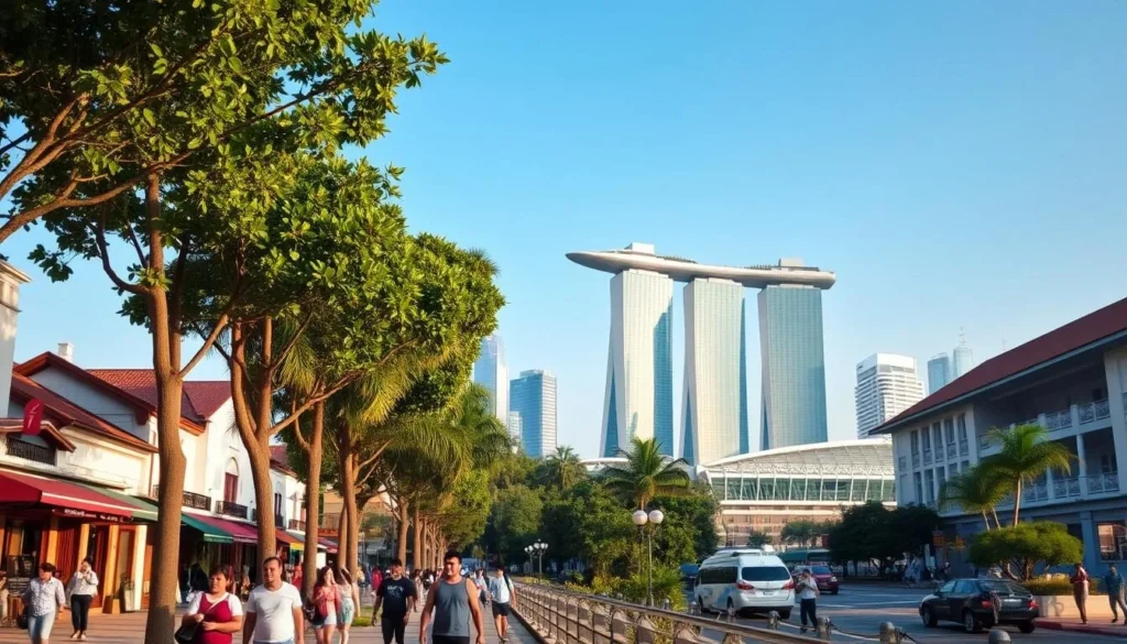 A bustling cityscape of Singapore, bathed in warm afternoon sunlight. In the foreground, pedestrians stroll along a tree-lined promenade, admiring the iconic architecture of historic shophouses and towering skyscrapers. The middle ground features lush greenery, with palm trees swaying gently in a light breeze. In the background, the iconic Marina Bay Sands resort complex stands tall, its distinctive silhouette framed by a clear, azure sky. The scene evokes a sense of vibrant urban energy tempered by tranquil natural elements, capturing the essence of Singapore's blend of modernity and tradition.
