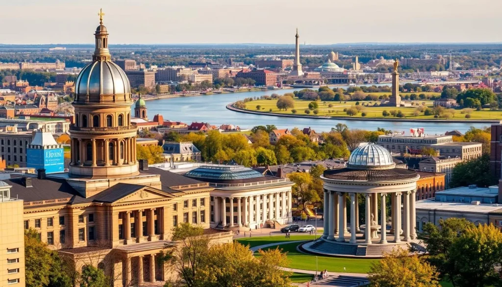 A bustling cityscape of Trenton, New Jersey, showcasing its vibrant attractions on a pleasant day. In the foreground, the iconic New Jersey State House stands tall, its grand architecture and domed roof reflecting the sunlight. In the middle ground, the picturesque Trenton War Memorial with its striking columns and fountain offers a serene respite. In the background, the meandering Delaware River winds through the city, with the historic Trenton Battle Monument visible in the distance. The scene is bathed in warm, golden light, capturing the inviting and historic atmosphere of this New Jersey destination.