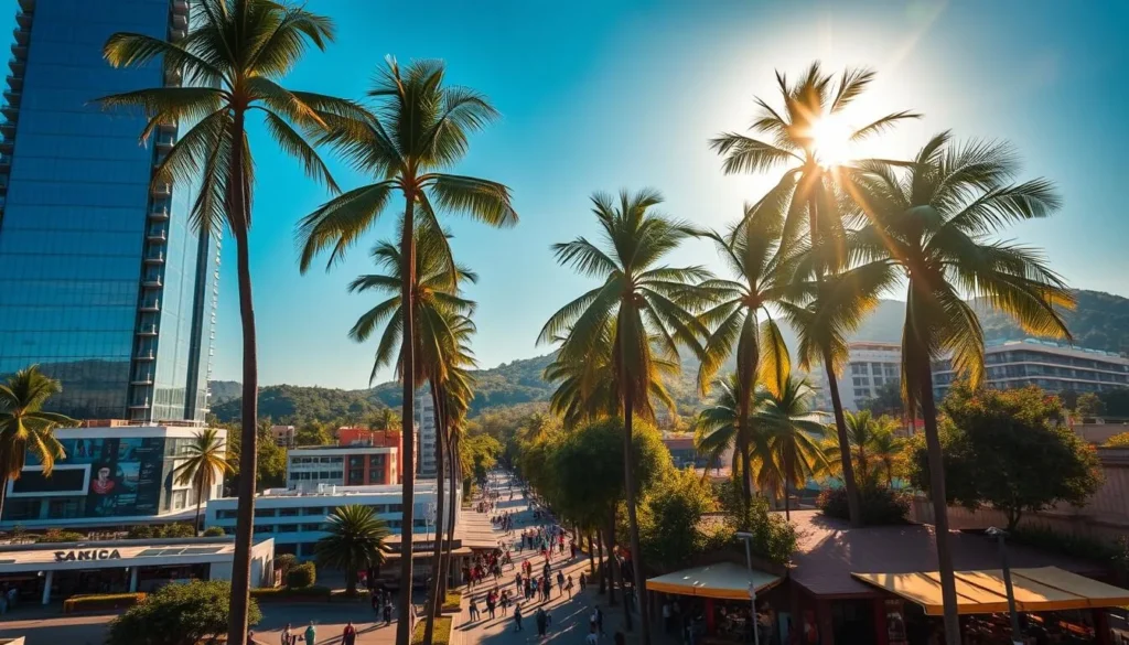 A bustling cityscape of Villahermosa, Mexico, bathed in warm, golden sunlight. Towering palm trees sway gently in the breeze, their fronds casting intricate shadows across the vibrant streets below. In the foreground, modern high-rise buildings stand tall, their glass facades reflecting the clear blue sky. In the middle ground, local markets and shops bustle with activity, people wandering between colorful stalls and lively cafes. The background is dominated by the lush, verdant hills that surround the city, creating a picturesque and serene contrast to the urban center. The overall atmosphere is one of energy, culture, and natural beauty, inviting the viewer to explore the vibrant heart of Villahermosa.